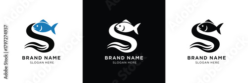 Three sleek logo designs combining a fish and letter 'S' for brand identity, each with distinct style and color schemes.