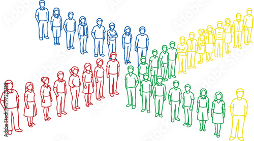 Diverse group of outline vector people in colored lines (red, blue, yellow, and green forming a data segmentation or crossroads graphic, representing choice, division, statistics, and decision-making.