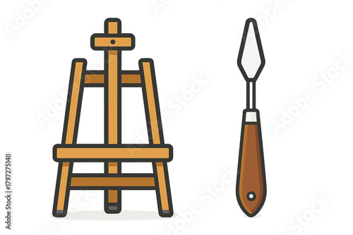 Classic wooden easel and professional palette knife tool used for mixing paint colors