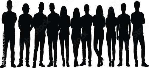 Silhouette of a group of diverse people standing together in a row, teamwork concept, unity, community, crowd illustration, human figures, diversity