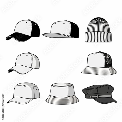 Grayscale vector illustrations featuring a collection of popular headwear, including various baseball caps, knit beanies, and bucket hats, isolated on white.