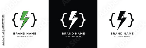 Three sleek logo designs featuring a lightning bolt enclosed in brackets with a brand name placeholder. Black, white, and green variants.
