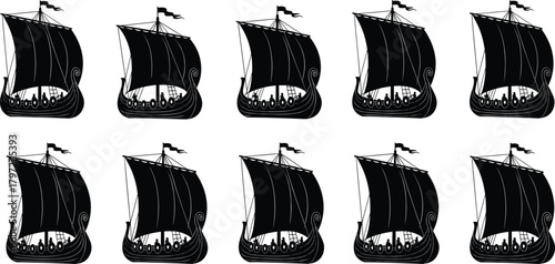Ancient sailing ship silhouette vector set, Viking boat icons, medieval naval illustration, black maritime vessels, historical exploration and navigation design