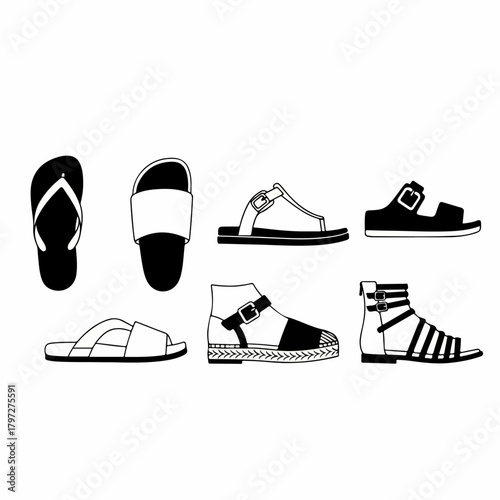 Black and white vector set of summer sandals and open footwear types, including flip-flops, slides, espadrilles, and gladiator shoes, isolated on white.