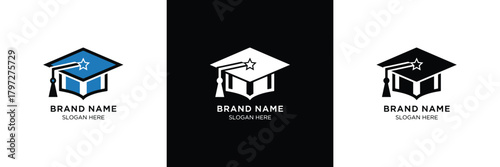 Three graduation cap logos in blue, white, and black with customizable brand name placeholders for schools and universities.