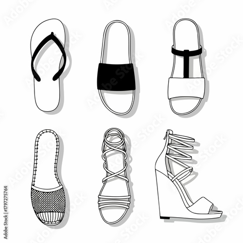 Black and White Vector Illustration Set of Six Different Women's Summer Sandals, Slides, Wedges, Espadrilles, and Flip-Flops.