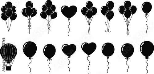 Balloon silhouette vector set, party decoration icons, black festive shapes, heart and hot air designs, editable clipart bundle, celebration concept graphic