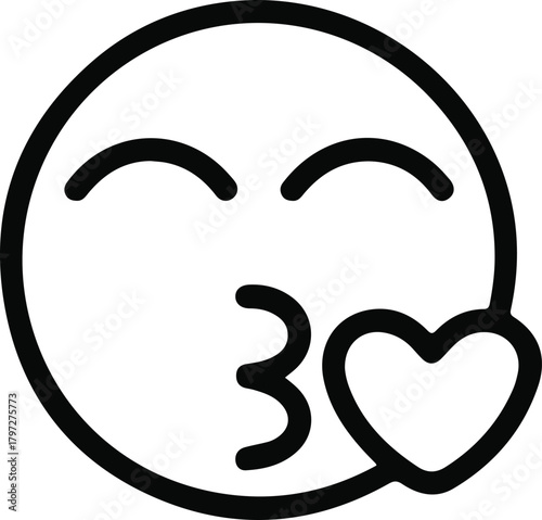 Kissing face emoji icon with heart, Simple line art of a kissing face blowing a heart, symbolizing affection, flirting, romance, and playful emotional expression in messages.

