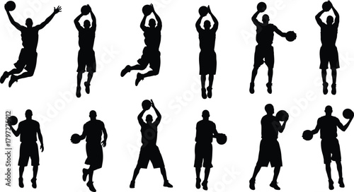 Basketball player silhouette vector set, dynamic sports poses, black athlete actions, dribbling and shooting clipart, editable motion design, fitness concept bundle