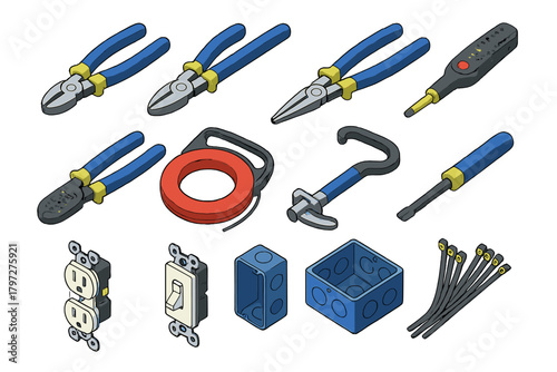 Professional electrical repair tools and components set including pliers, screwdrivers, and junction boxes