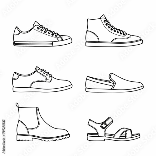 Black and white line art set of six different shoe styles, including sneakers, dress shoes, boots, loafers, and sandals.