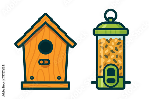 Classic wooden birdhouse next to a modern cylindrical bird feeder full of mixed seeds