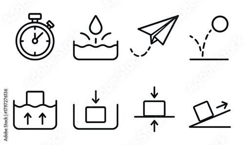 Minimalist physics symbols: timer, droplet, plane, ball, buoyancy, balance, incline