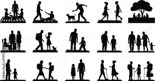 outdoor, people, family, silhouette, nature, interaction, leisure, walking, sitting, talking, hiking, picnic, bonding, companionship, activity