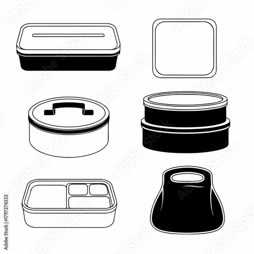 Monochrome Vector Icon Set of Various Lunch Boxes, Food Containers, Bento Boxes, and Tiffin Carriers for Meal Preparation and Storage.