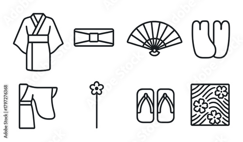 Traditional japanese icons: kimono, obi, fan, tabi, haori, umbrella, geta, textile pattern
