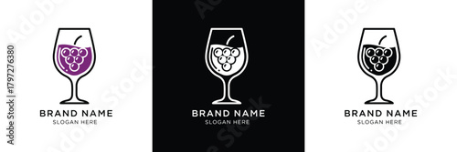 Three wine glass logos featuring grape designs, perfect for restaurant branding and wine-related businesses. Black background.