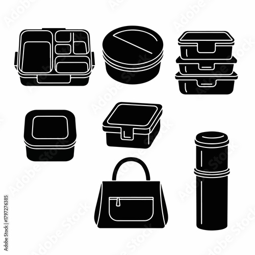 Black Silhouettes of Lunch and Food Storage Containers, Including Bento Boxes, Stacks, Thermos, and Insulated Lunch Bag Icon Set.