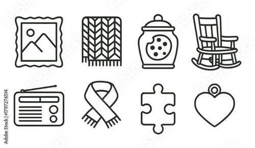 Set of home and leisure icons: picture, blanket, jar, rocking chair, radio, scarf, puzzle, heart