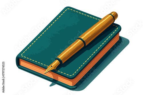 Luxury gold fountain pen resting on a classic dark green leather notebook