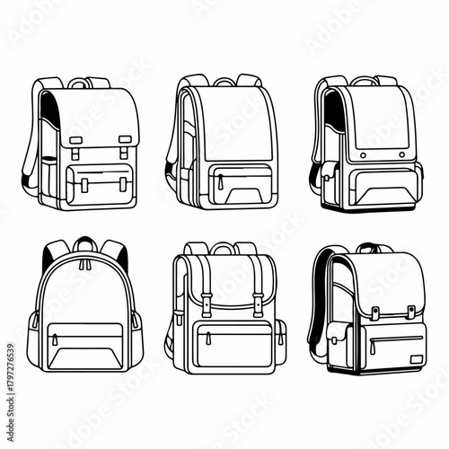 Collection of various backpack and school bag icons in line art style, illustrating different rucksack and satchel designs for travel and education purposes.