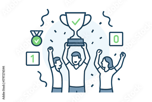 Successful team raising a championship trophy and cheering after a major victory