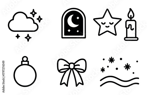 Christmas and night icons collection: cloud, star, candle, ornament, bow, snowflakes