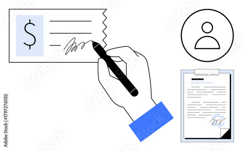 Hand completing check with pen, user icon, and signed document. Ideal for finance, transaction, business, contract, payment verification recordkeeping. Clean and simple flat metaphor