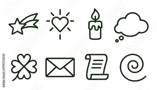 Abstract icons on green: star, heart, candle, cloud, clover, envelope, scroll, spiral
