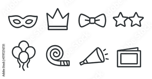 Party icons set: mask, crown, bow tie, stars, balloons, party horn, megaphone, tickets