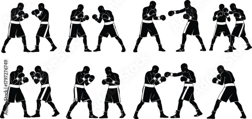 Boxing silhouette vector set, fighter action icons, black combat poses, editable clipart bundle, sports movement concept, martial training illustration