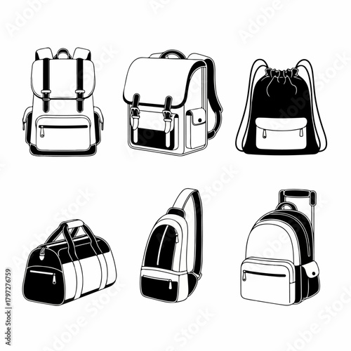 Black and White Icon Set of Various Bags and Backpacks for Travel, School, and Sport