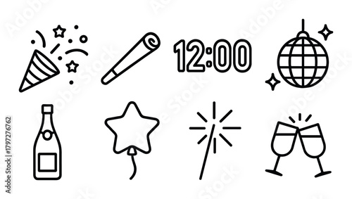Celebration icons set featuring party elements like champagne and fireworks