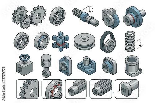 Isometric collection of essential machine parts and engineering components