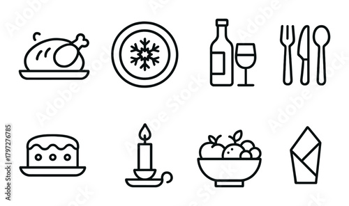 Icon set of food and dining elements including chicken, bottle, candle, and fruits