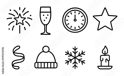 New year celebration icons: fireworks, champagne, clock, star, candle, snowflake