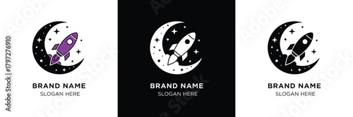 Three sleek logo designs featuring a rocket inside a crescent moon, with brand name placeholder, in black and purple themes.