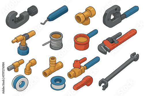 Collection of professional plumbing tools and pipe fittings for repair and installation work