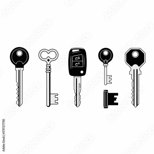 Diverse key collection vector illustration: car remote, modern house keys, and antique skeleton key set.