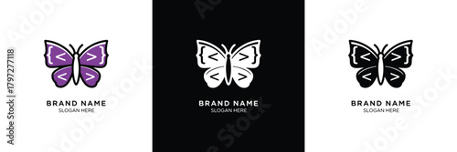 A purple butterfly logo with a placeholder for a name, ideal for branding, business cards, and corporate identity design.