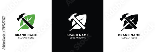 Three sleek logos featuring hammer, shield, and crossed tools for branding, in black and green color schemes. Ideal for businesses.