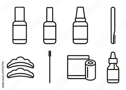 Vector icons of medical supplies and personal care items on brown background