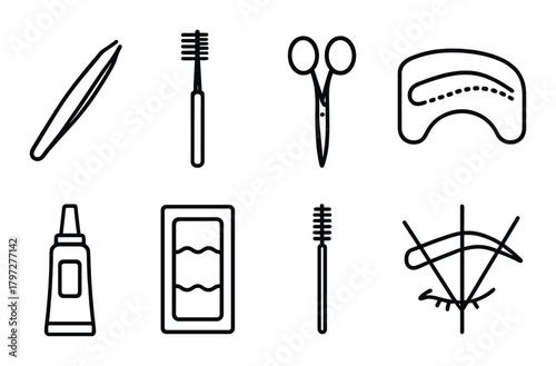 Beauty tools: tweezers, brush, scissors, palette, spoolie, shapes