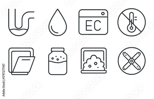 Dishwasher control panel icons: drain, water, eco, temperature, rinse aid, soak, detergent, cycle