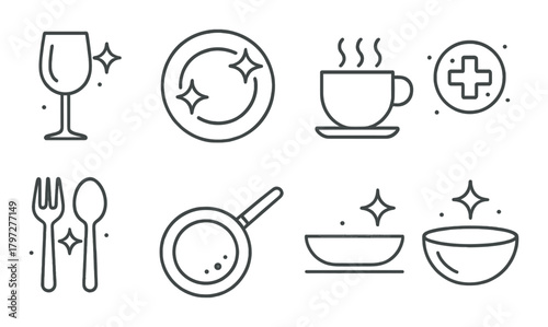 Kitchenware icons: glass, plate, cup, utensils, and cooking pan with sparkles