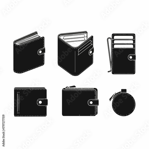 Black Silhouette Icon Set of Wallets, Money Purses, Card Holders, and Leather Accessories for Finance and Shopping
