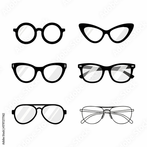 Collection of six classic and modern eyeglass frames set, including round, cat eye, and aviator styles, isolated vector illustration.