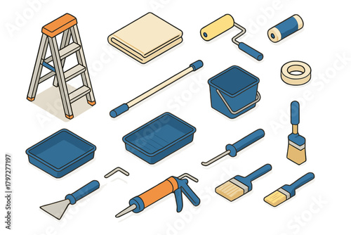 Isometric set of home renovation and painting tools including ladder, roller, brushes, and caulk gun