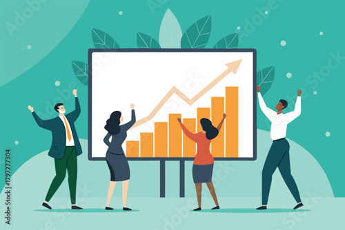 Diverse office team jubilantly celebrates significant company expansion, projecting success.