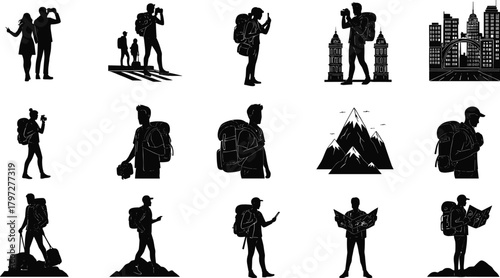 travel, explorer, silhouette, hiking, sightseeing, backpack, camera, adventure, urban, nature, navigation, journey, tourist, map, smartphone
